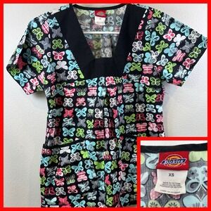 Dickies XS‎ Black Double Pocket Scrub Top With Butterflies